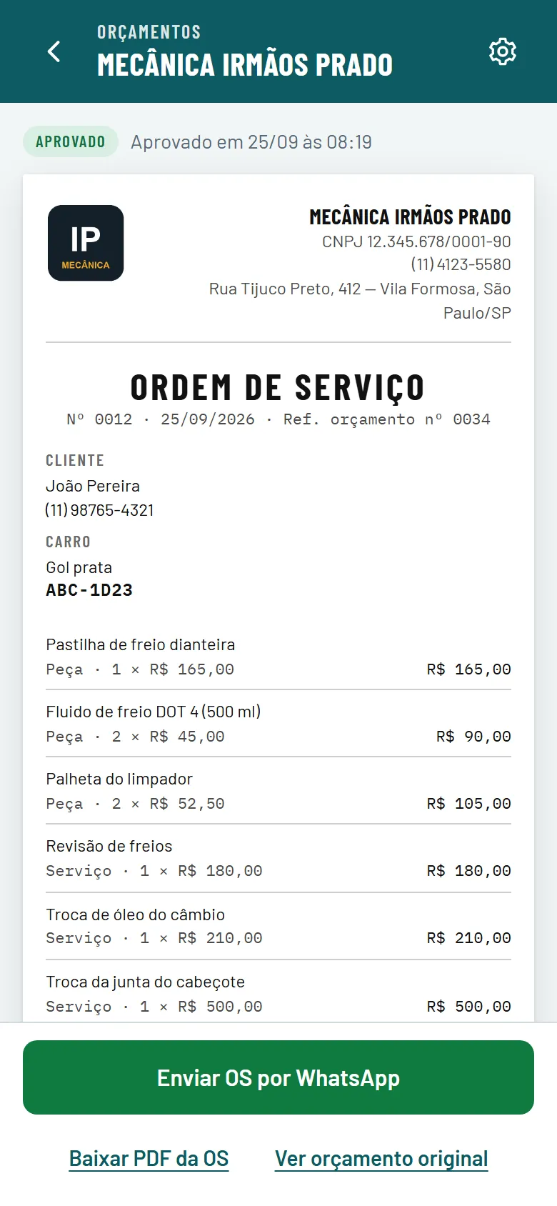 Tela de demonstração do app: o mesmo papel, agora com o status Aprovado e o título ORDEM DE SERVIÇO, nº 0012, com referência ao orçamento nº 0034 e os mesmos itens.