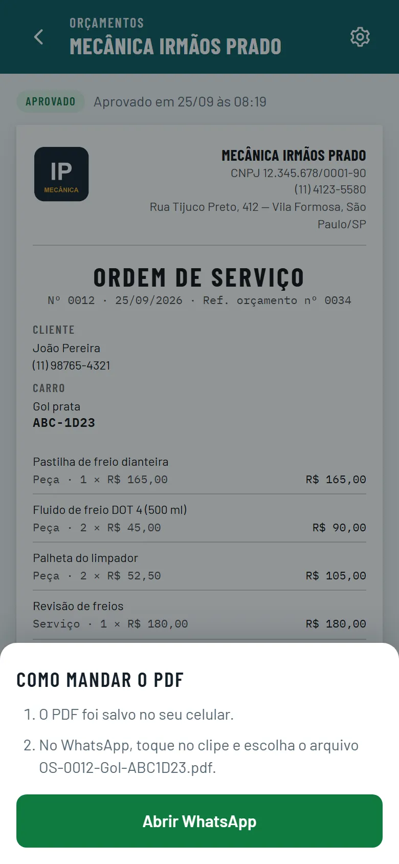 Tela de demonstração do app: por cima da OS nº 0012, a janela Como mandar o PDF avisa que o arquivo OS-0012-Gol-ABC1D23.pdf foi salvo e mostra o botão Abrir WhatsApp.
